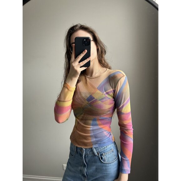 Rainbow Mesh Long-Sleeve Sheer Top – Colorful See-Through Layering Shirt Festiva - Picture 3 of 7